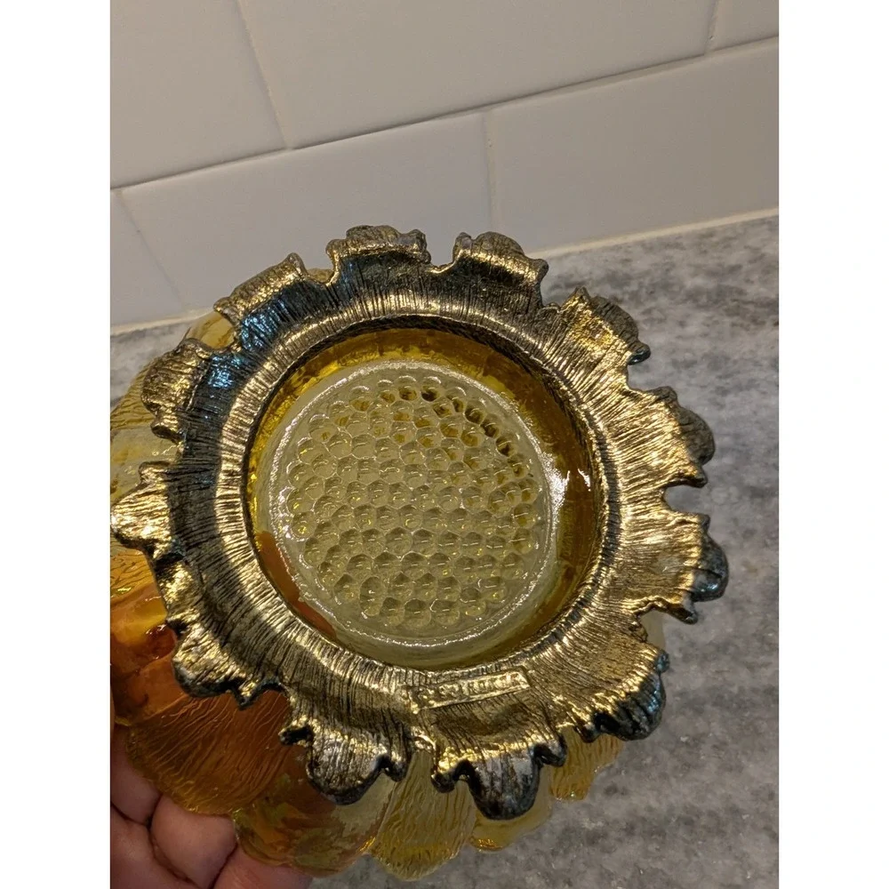 Engraved‎ Vintage Amber Glass Flower Silver Metal Pedestal Trinket Dish
